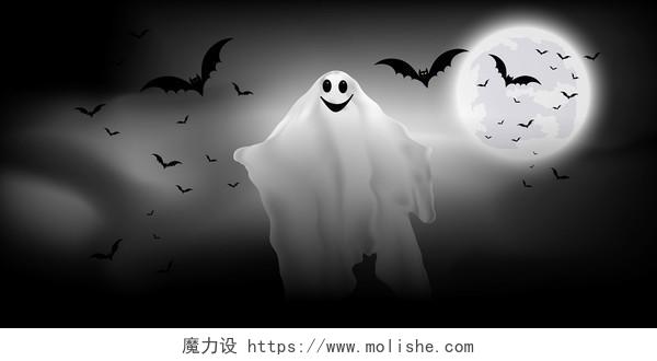黑白夜晚月亮幽灵蝙蝠恐怖万圣节矢量展板背景